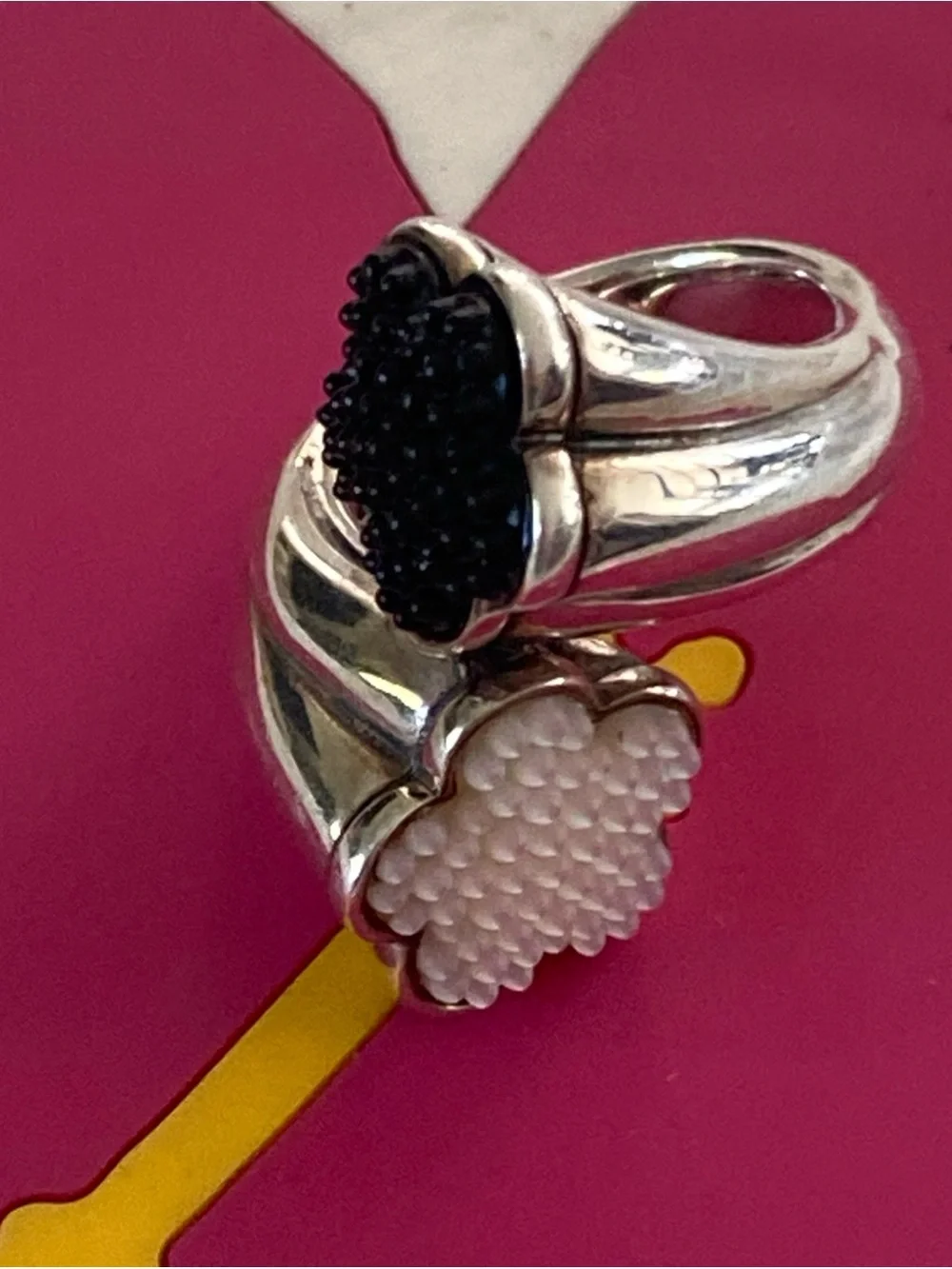 Lagos Caviar Silver, White & Black Ceramic Bead Ring Size 7